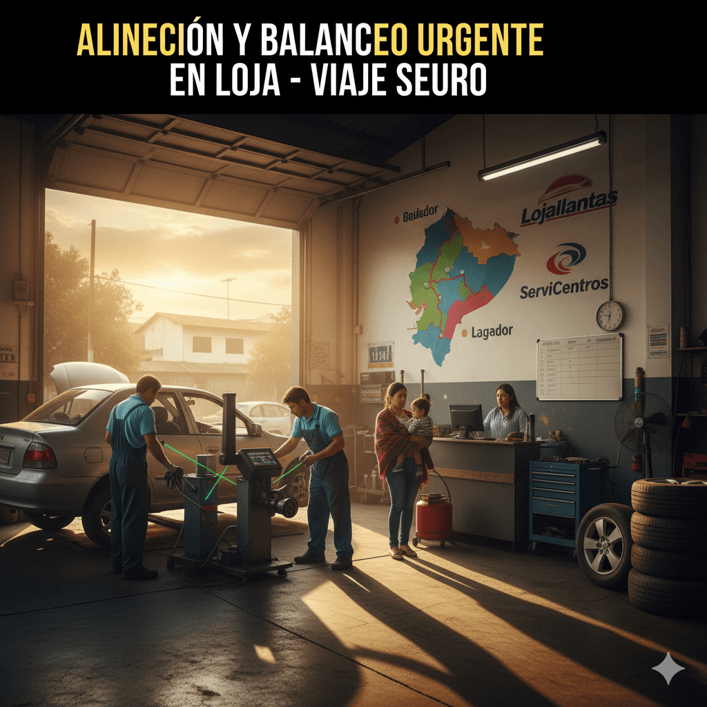 Técnico realizando alineación computarizada de llantas en Loja para viaje de retorno