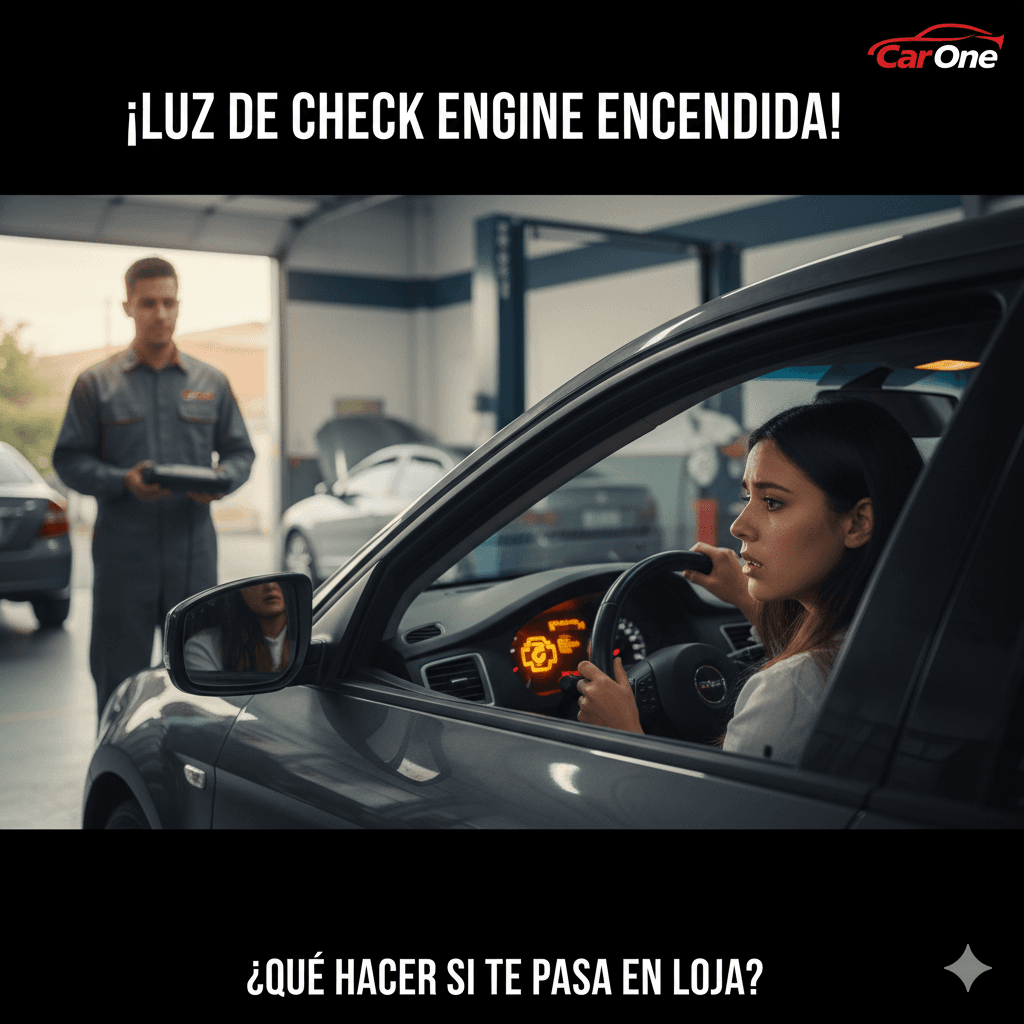 Tablero de auto con la luz amarilla de Check Engine encendida y escáner profesional