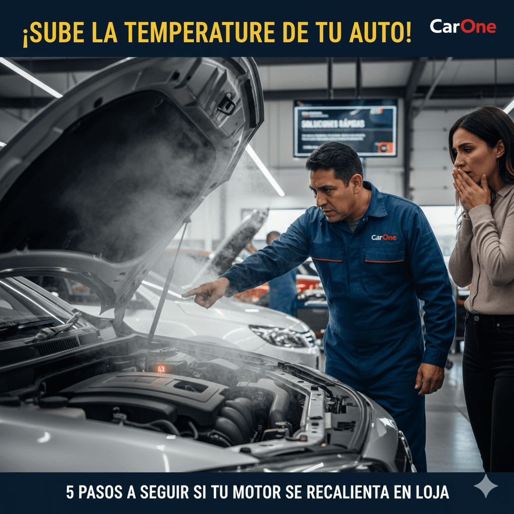 Conductor revisando motor recalentado con vapor saliendo del radiador en carretera de Loja