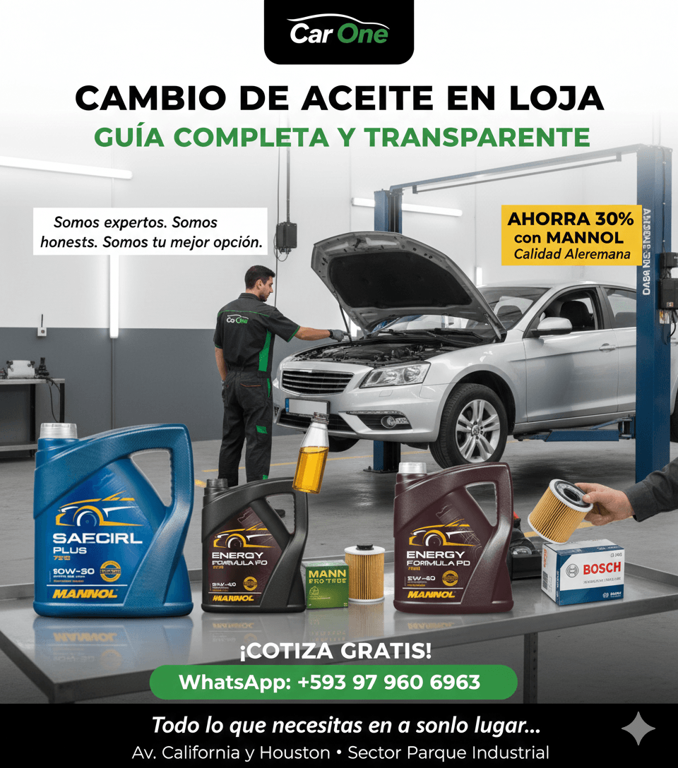 Mecánico realizando cambio de aceite y filtro a un vehículo en Loja con productos certificados.